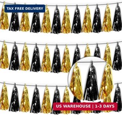 3P Black Gold Tassel Banner Garland Metallic Foil Fringe Banner Tinsel Tassels S