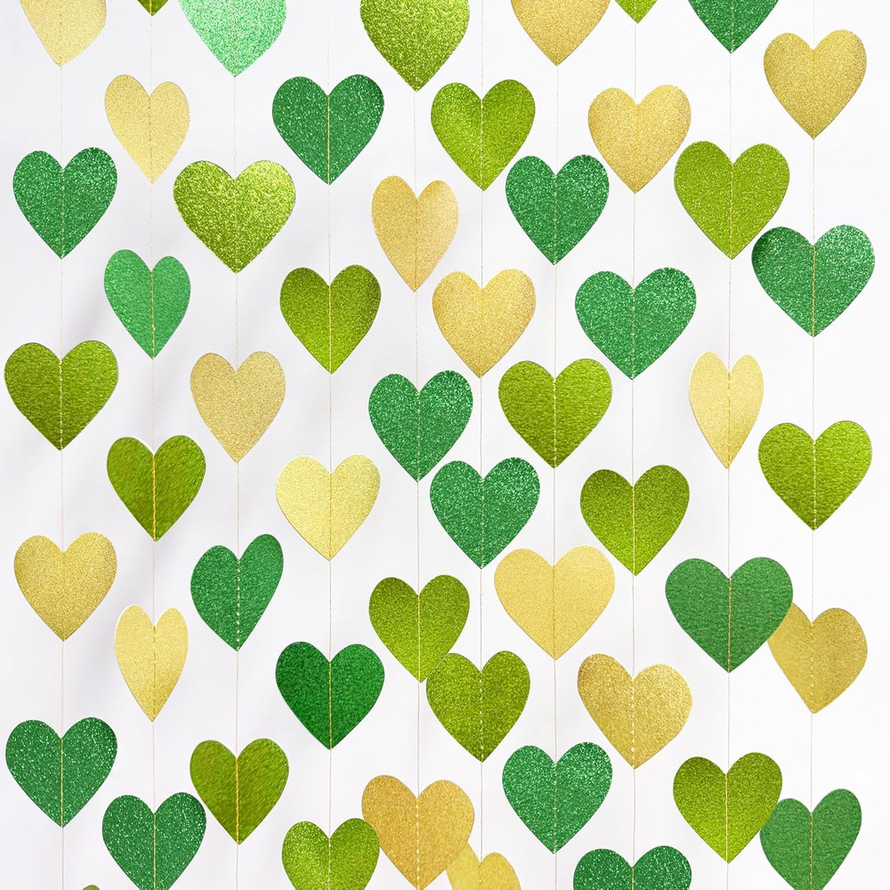 Gold and Green Heart Party Decorations Glitter Paper Love Heart Hanging Banner S