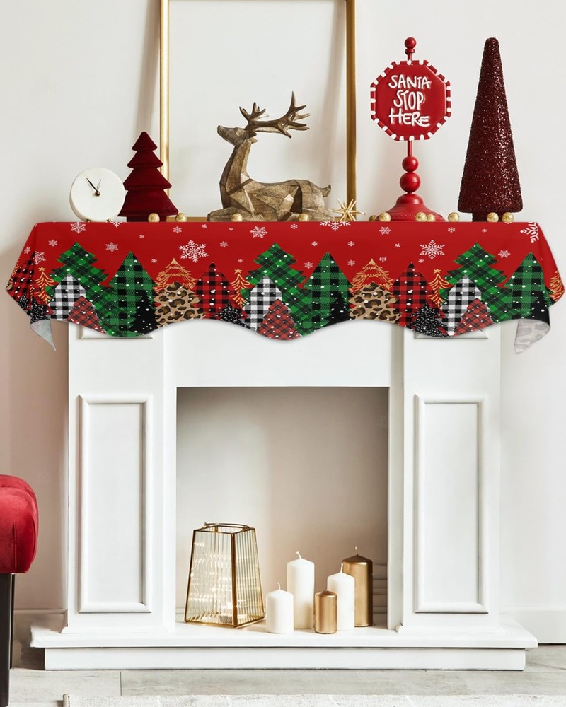 Christmas Grid Leopard Xmas Tree Mantel Scarf Fireplace Top Runner Cover