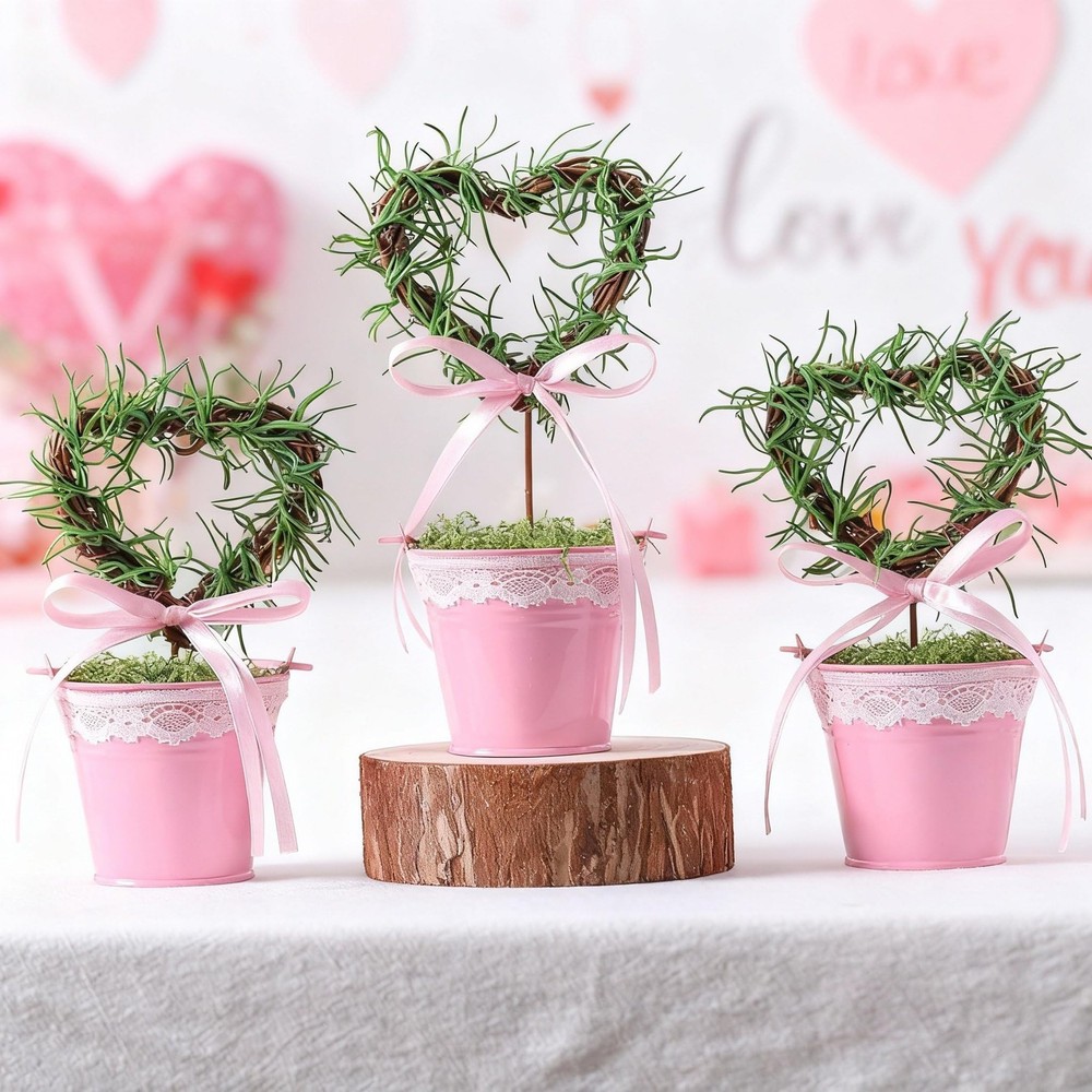 3 Pcs Valentines Day Artificial Heart Topiary Potted Tree Plants Greenery