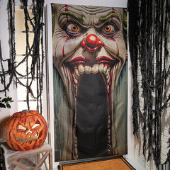 Creepy Carnival Clown Face Door Curtain – Halloween Decoration Entryway Backdrop