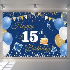15th Birthday Decorations for Boy/Girl, 15 Years Old Backdrop Banner Blue