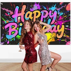 Neon Birthday Party Decorations, Neon Happy Birthday Banner Backdrop Sign,