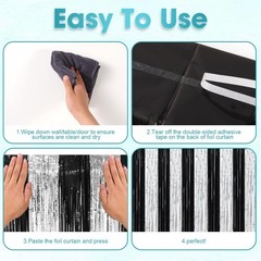 2 Pack Black Silver Tinsel Foil Fringe Curtains Metallic Party Streamers