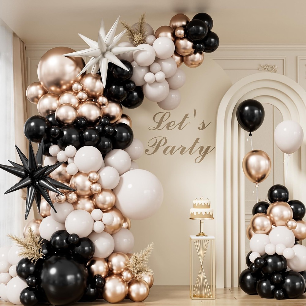 Arco De Globos Negro Dorado Y Blanco Con Estrellas Para Boda Y Graduacion