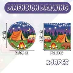 40pcs Camping Party Supplies Campfire Hiking Camper Theme Birthday Paper Plates