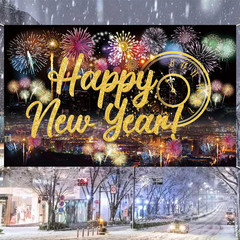 Happy New Year Fabric Sign Poster Backdrop with Fireworks for New Year Photo Boo