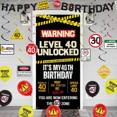 40Th Birthday Decorations Men Women, Caution Logo Level 40 Unlocked Banner Backd