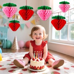 BOARDFEB 12 Pcs Paper Strawberry Honeycomb Ball for Fruit Theme Party Birthda…