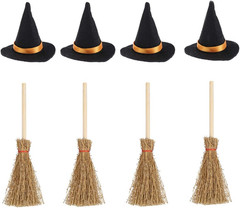 Set of 12 Mini Witch Hats and Brooms Halloween Decorations for Party Favors, Bir