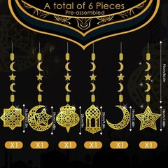 Ramadan Eid Mubarak Hanging Decorations for Home, 6 Pcs Pre-Tied Hanging Golden