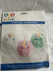 New 2 (3 pk) 9″ Unicorn Puff Balls Decorations Tissue Paper Pom Poms 321 Party!