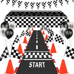 Race Car Party Decorations Set – 61 Pcs with Traffic Cones, Checkered Flags, Rac