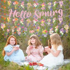 Spring Party Decorations, Hello Spring Hanging Swirls Sign Watercolor Tulip
