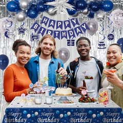 Blue Birthday Decorations for Men Women Boys, Happy Birthday Blue Silver