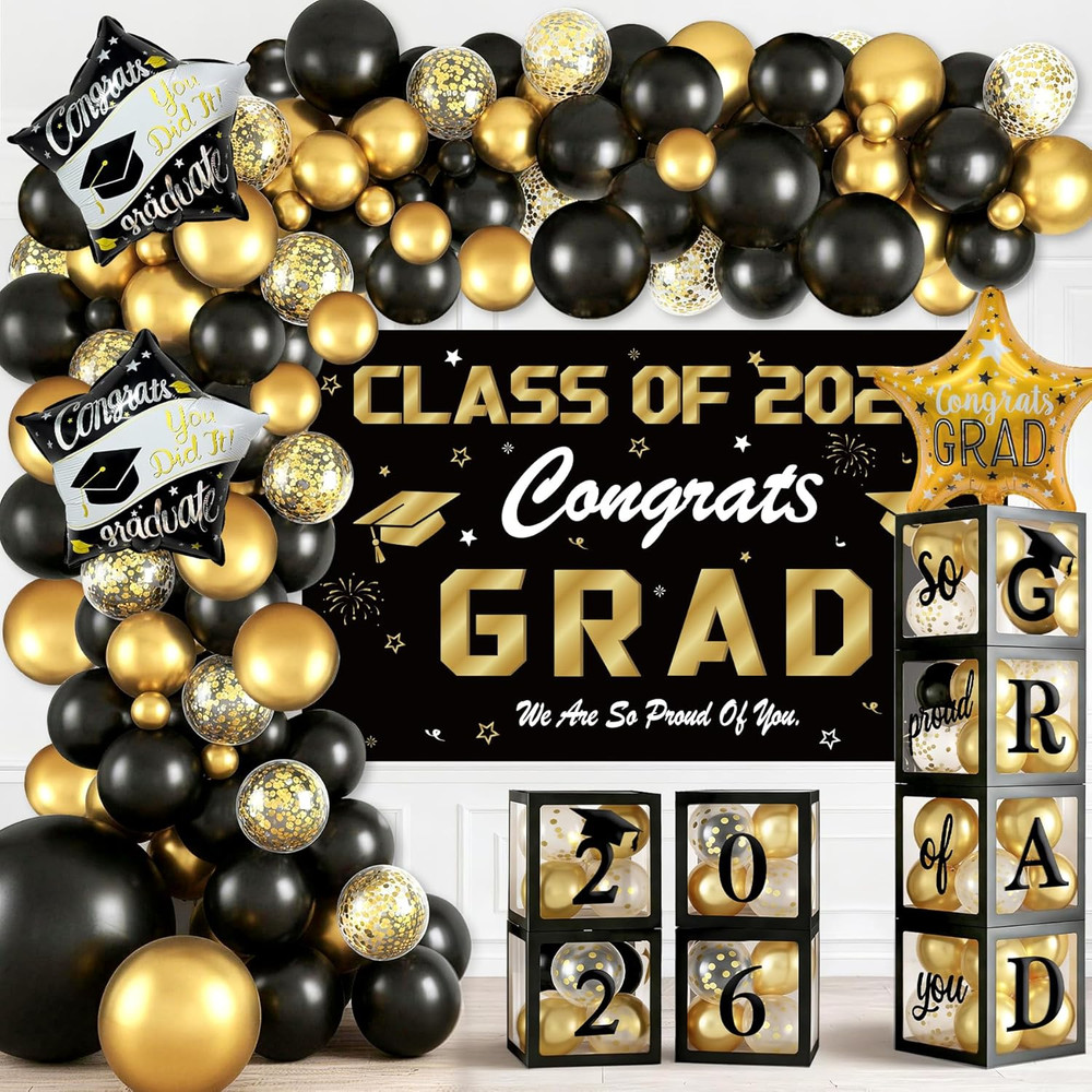 Black and Gold Graduation Decorations 2026, 138 Pcs Graduation Balloon Arch Kit
