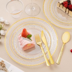 350PCS Clear Plastic Plates with Gold Trim for 50 Guests, Disposable Dinnerwa…