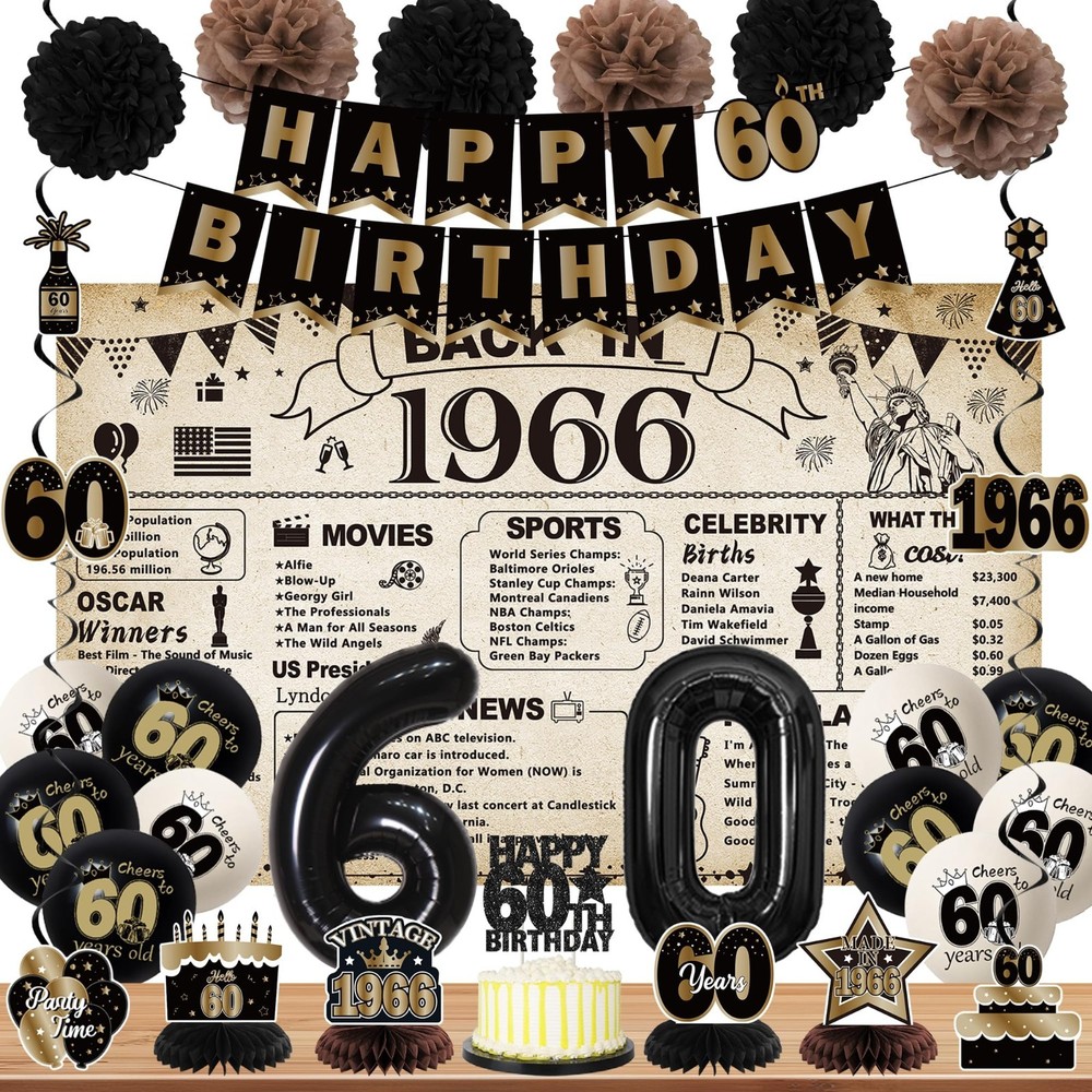 60th Birthday Party Decorations – Vintage 1966 Banner, Black Balloons & Cake Top