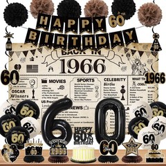 60th Birthday Party Decorations – Vintage 1966 Banner, Black Balloons & Cake Top