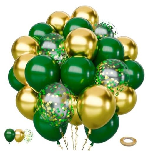 65Pcs Balloons Set, Dark Green & Metallic Gold Balloons, Confetti Green Gold