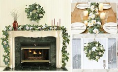 2 Pack 6Ft Artificial Eucalyptus Flower Garland with White Roses, Faux Floral