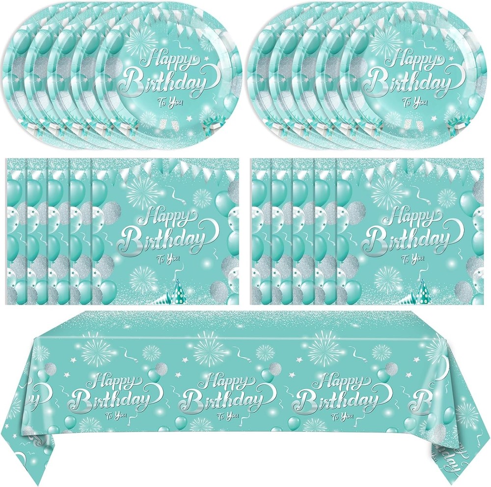 41Pcs Teal Birthday Decorations for Women Girls,Teal Silver Tableware Set Party