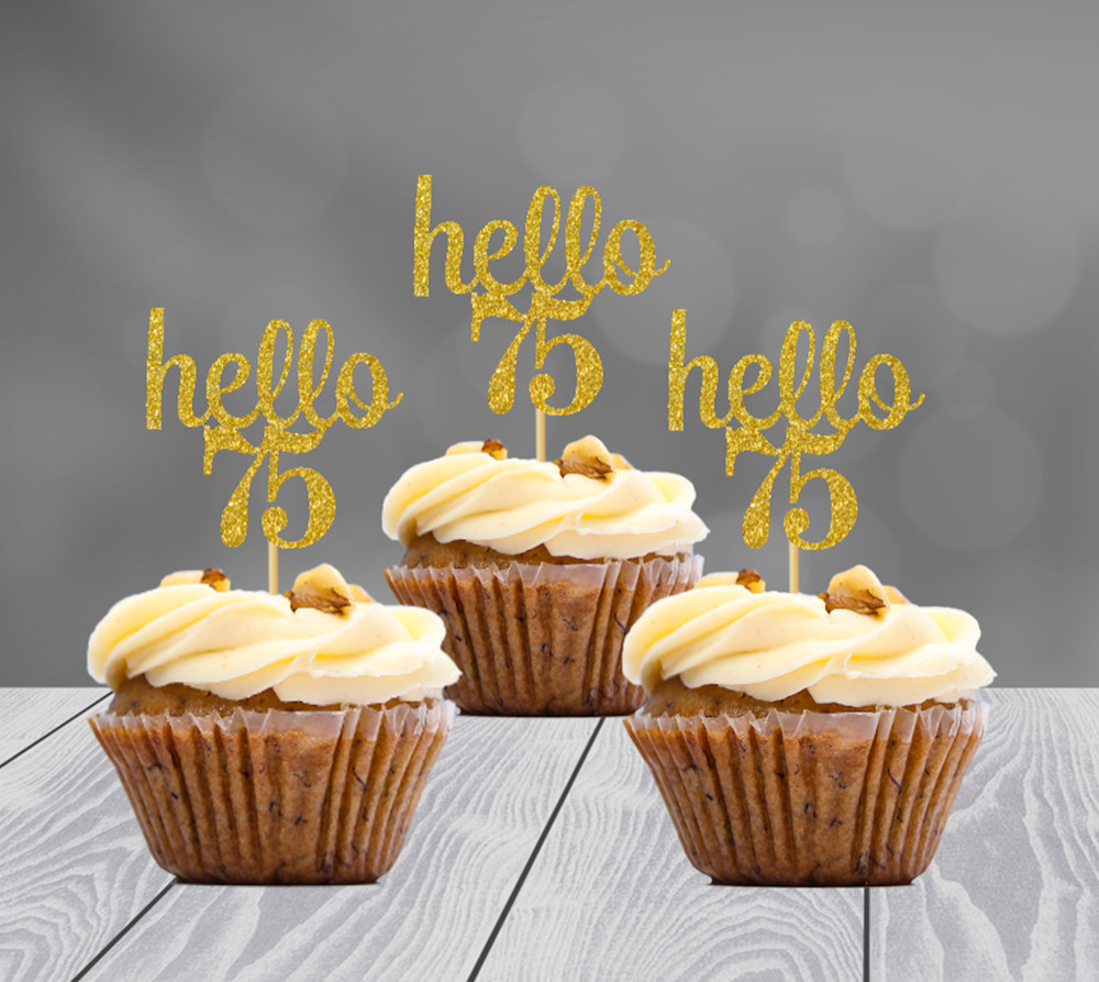 75th Birthday Decoration Glitter Cupcake Toppers (SET of 12) 20 Colors Available