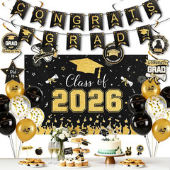 Black and Gold Graduation Decorations 2026 Kit 34 Pcs Party Supplies Class of 20