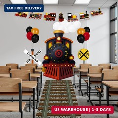 27 Pcs Train Party Decorations Railroad Runner Track Banner Backdrop Balloon for