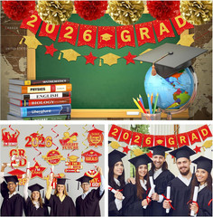 Red and Gold Graduation Decorations, 2026 Grad Banner and Congrats Grad Hanging