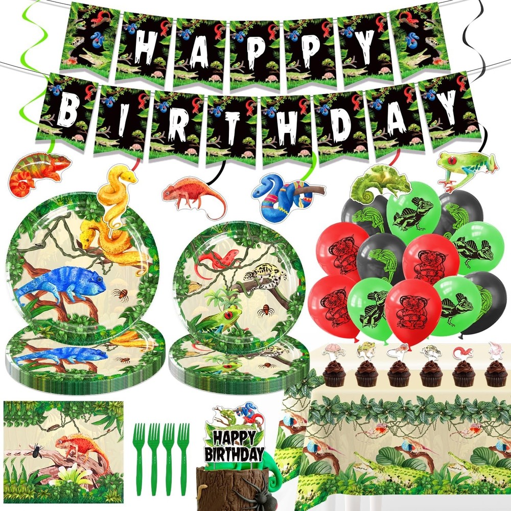 Reptile Birthday Party Decorations Set for 20 Guests with Banner & Tableware