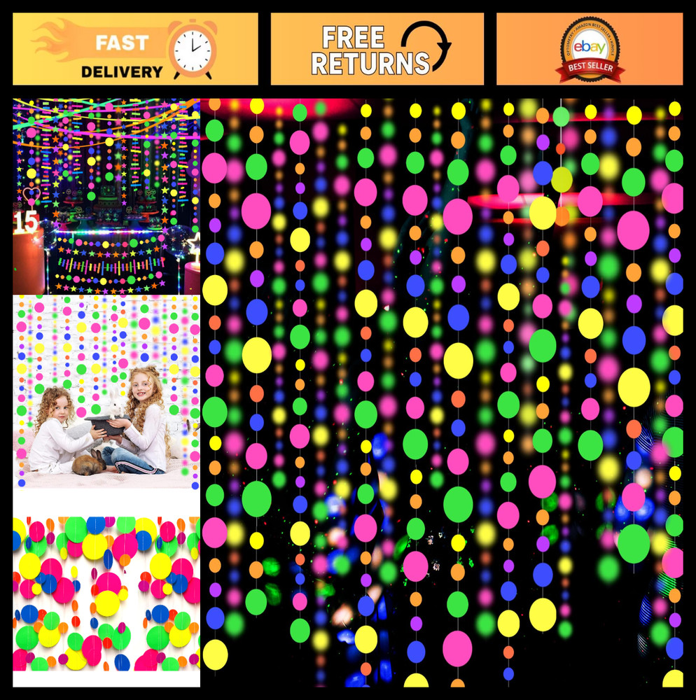 120ft UV Reactive Round Dot Paper Garland – Neon Streamers for Glow Parties, Wed