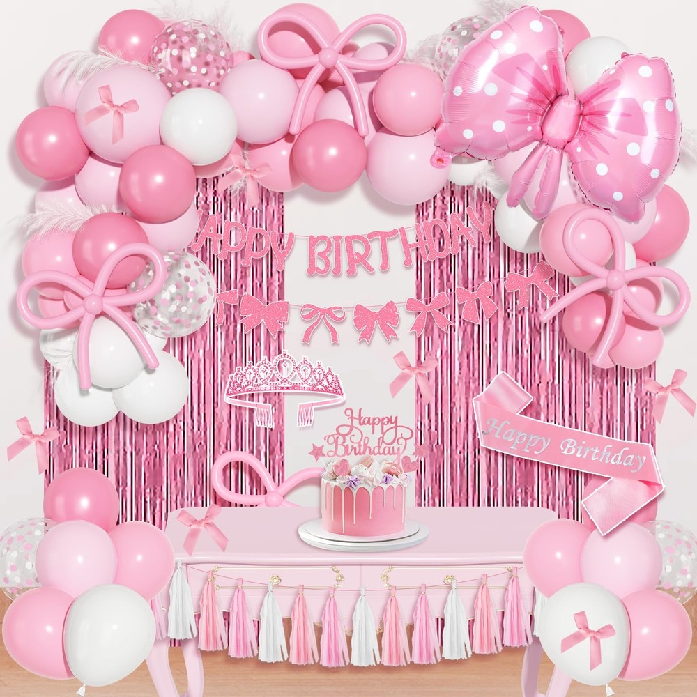 Pink Bow Decorations, Coquette Themed Party Supplies with Light Pearl Pink Wh…