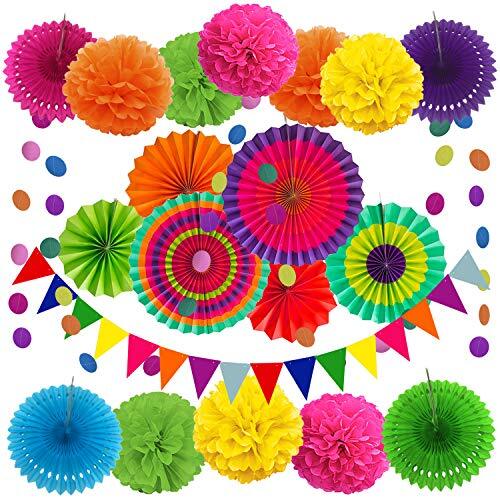 Party Decoration, 21 Pcs Multi-color Hanging Paper Fans, Pom Poms Flowers, Ga…