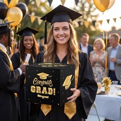 Graduation Decorations 2026 Card Box, Black Gold Congrats Grad Paper Gift Crad B