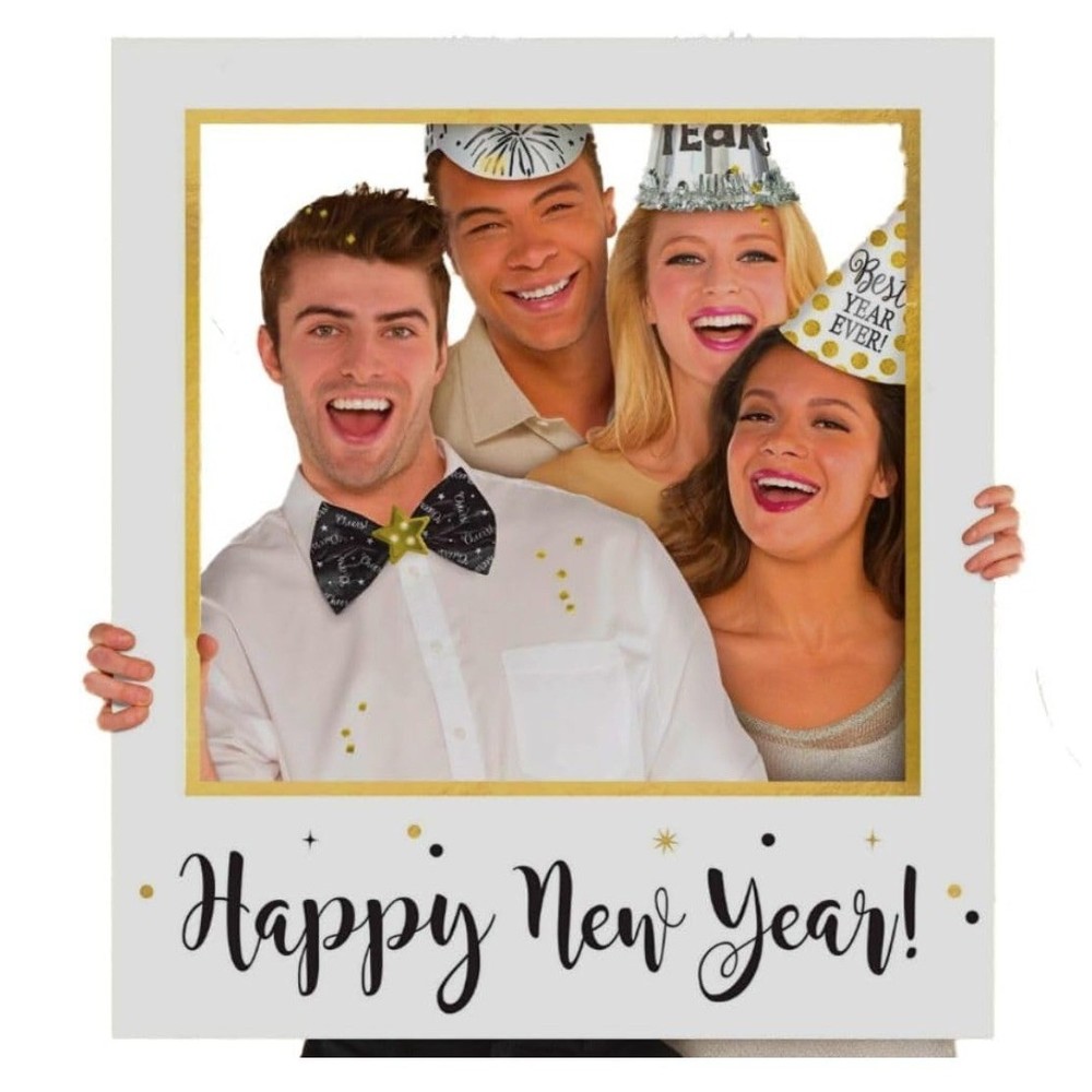 Happy New Year Photo Booth Frame Prop Gold White Black NYE Party Decor 35×30