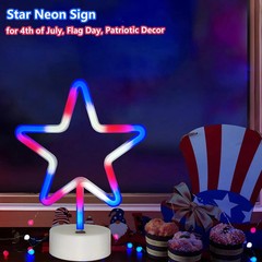 4th of July Decorations Star Neon Signs With Holder Base, Red White Blue Star Li