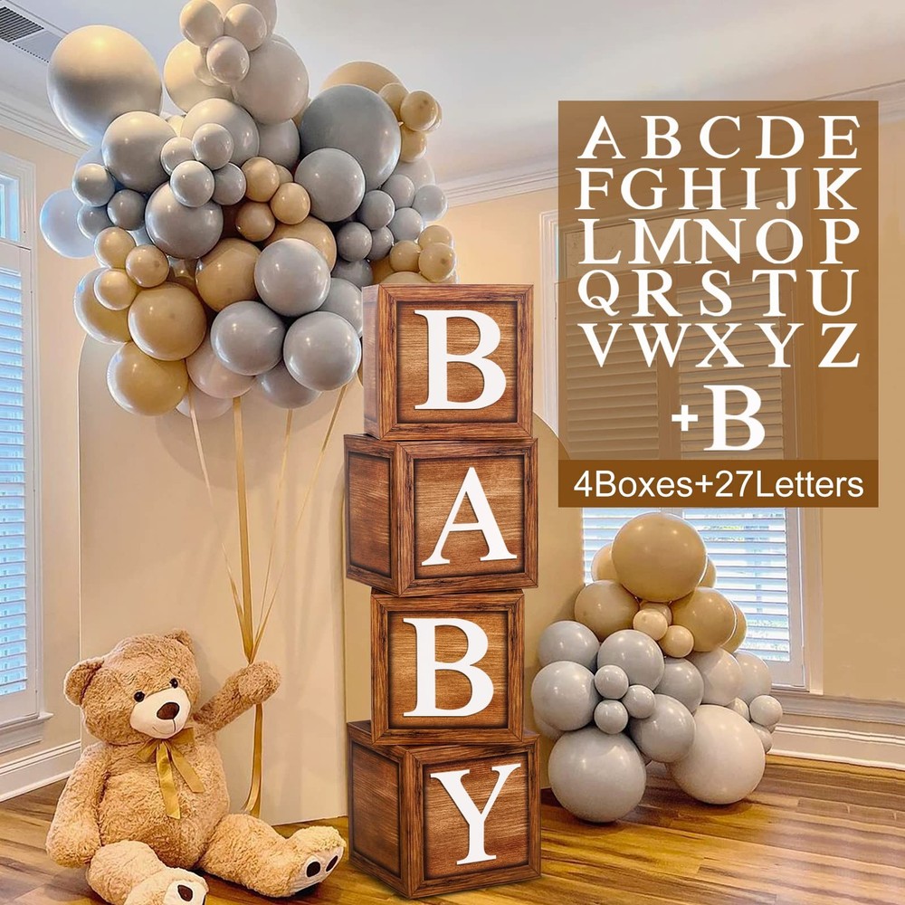 Brown Baby Balloon Boxes with 27 Letters – 4 Pcs Wooden Grain Baby Shower Blo…