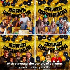 Pack 2 Birthday Decoration Kit 46Pc Each Black Gold Balloons Banner Foil Curtain