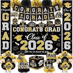 Class of 2026 Graduation Decorations – Black & Gold Party Set with Banner, Backd