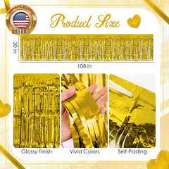 2 Pack Gold Table Skirts, 29X108″ Metallic Foil Tinsel Fringe Table Skirts for R