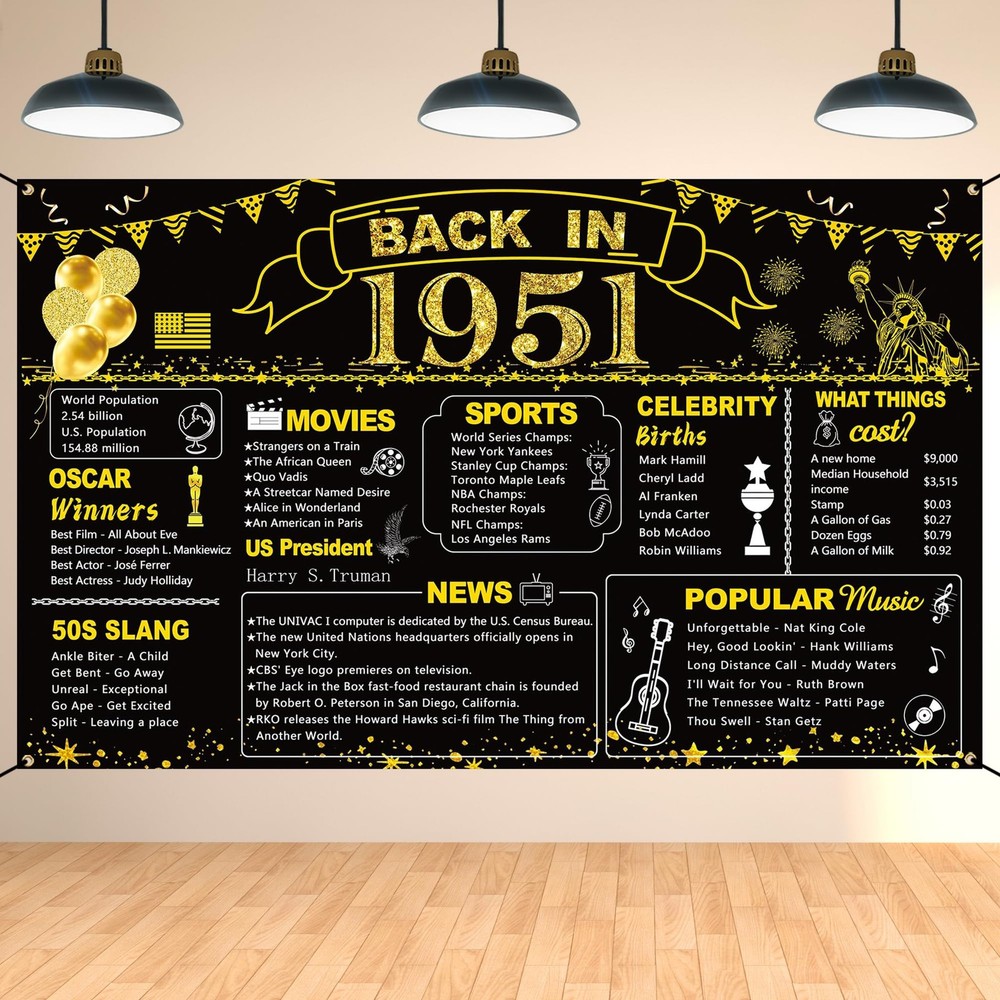 75th Black Gold Party Decoration, Back in 1951 Banner 75 Year Old Party Poste…