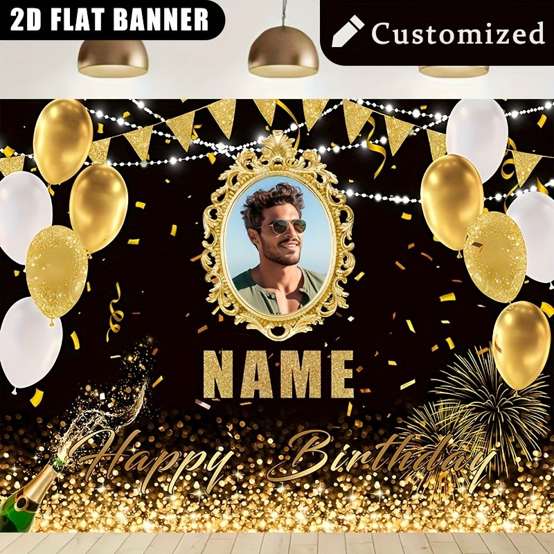 1pc 2D Golden Theme Personalized Birthday Tapestry Custom Poster Print Banner ❀