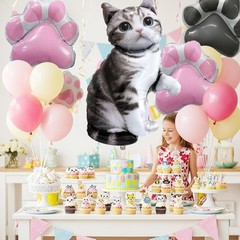 18PCS Gray Tabby Cat Balloon Set – Giant Kitten Foil Balloon, Pink Gray Paw P…