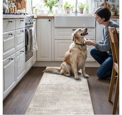 Washable 2×5 Kitchen Runner Rug: Abstract 2′ x 5′ (Rectangular), Beige/Cream