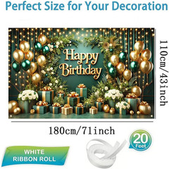 Green Gold Happy Birthday Background Banner 71×43 Inch Glitter Balloon Green Lea