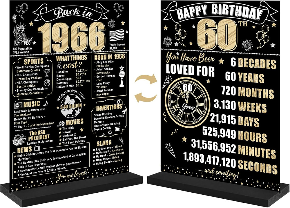 Black Gold 60Th Birthday Decorations Back in 1966 Table Sign for Men Women, Two-