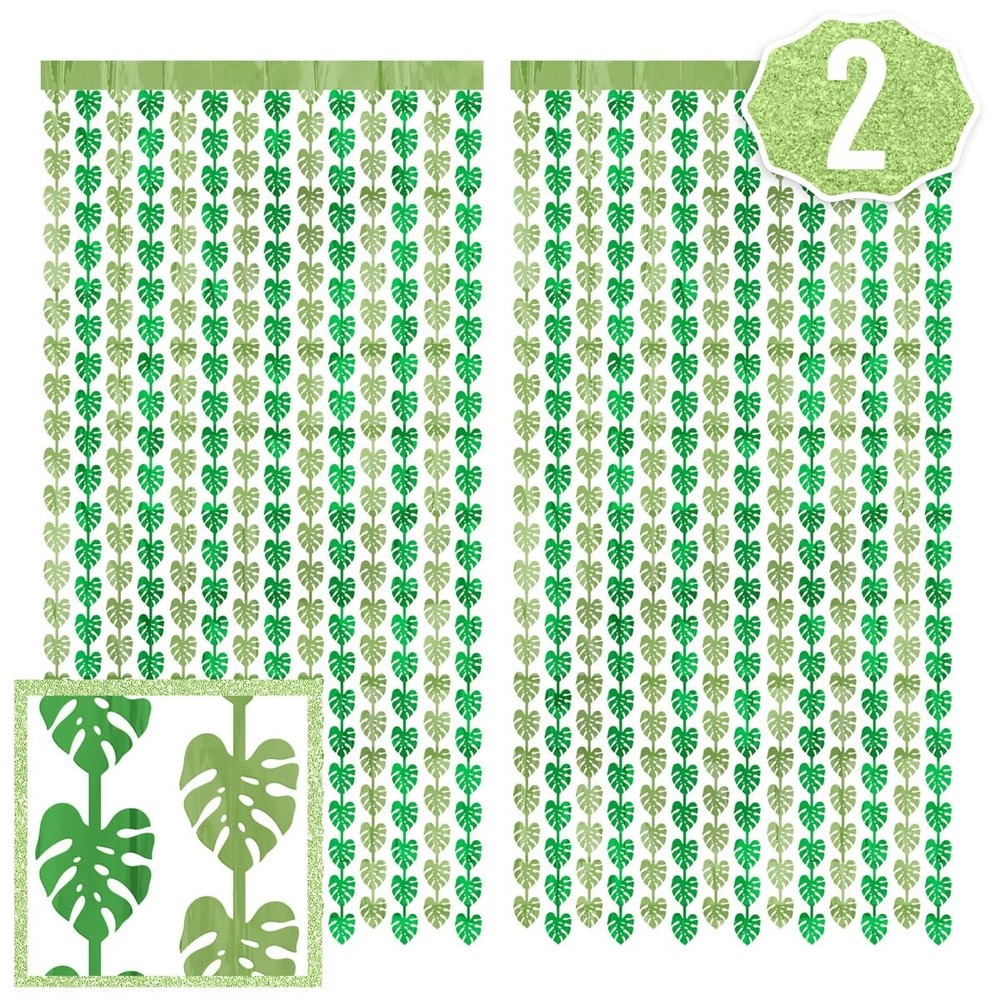 , Jungle Leaf Foil Curtain – Set of 2, 3×7 ft | Safari Theme Party Decoration…
