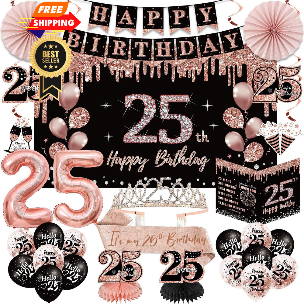 25th Birthday Decorations for Women Happy 25 Years Old Black Rose Gold