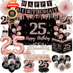 25th Birthday Decorations for Women Happy 25 Years Old Black Rose Gold